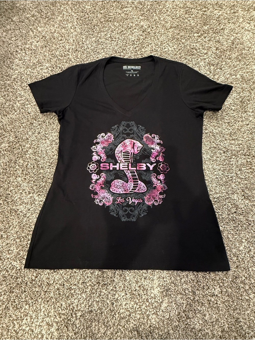 Shelby Las Vegas Women's Black V-Neck Tee with Pink Cobra Graphic